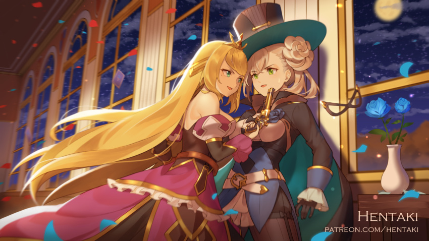 2girls, :d, artist_name, bangs, bare_shoulders, bella_(dragalia_lost), belt, belt_buckle
