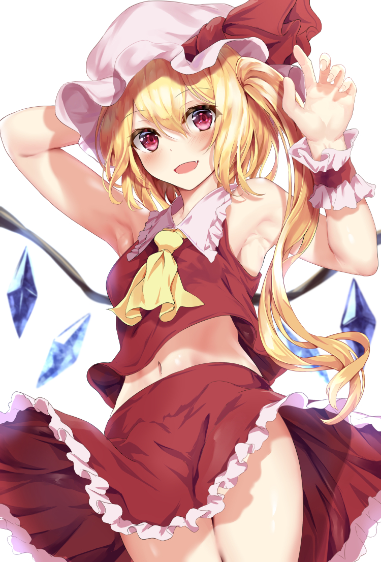 1girl, arm_behind_head, armpits, blonde_hair, commentary_request, cowboy_shot, crystal, eyebrows_visible_through_hair