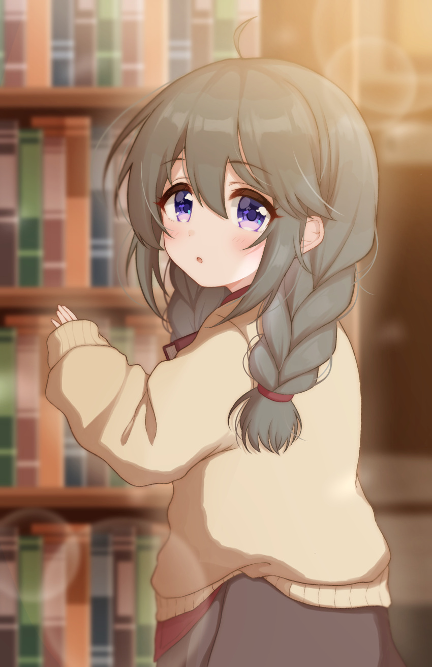 absurdres, ahoge, book, bookshelf, braid, eyebrows_visible_through_hair, hair_ornament, hair_over_shoulder