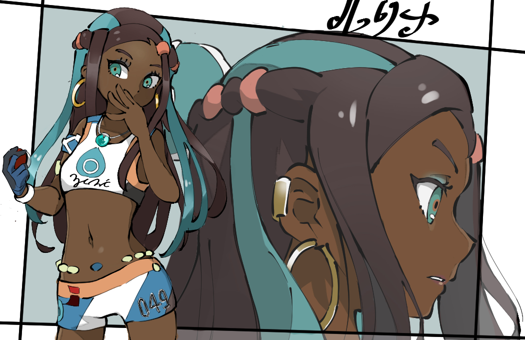 1girl, aqua_eyes, armlet, black_hair, blue_eyeshadow, blue_hair, breasts, character_name