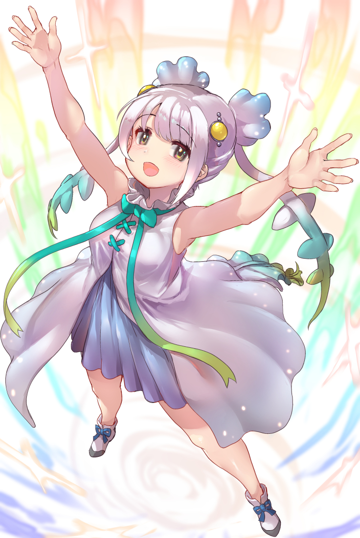 1girl, arms_up, bare_shoulders, blue_bow, blue_dress, blue_hair, blue_neckwear, bow