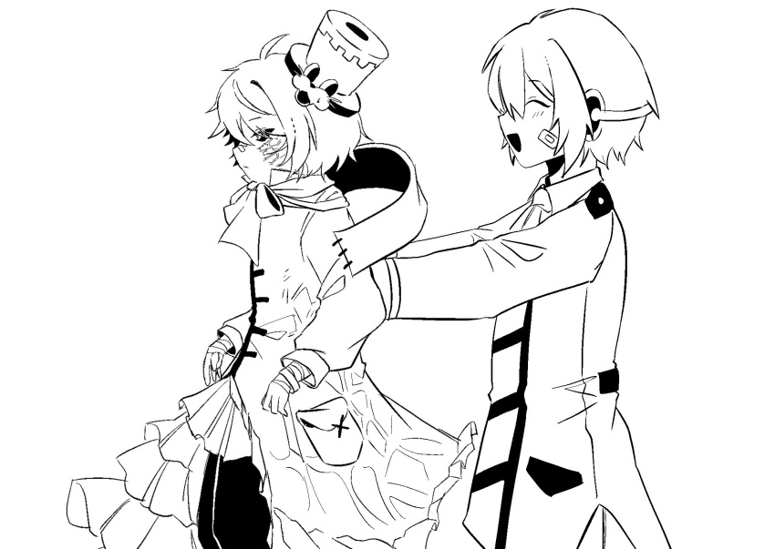 2boys, arsloid, bandaged_arm, bandages, bandaid, bandaid_on_nose, black_sclera, closed_eyes