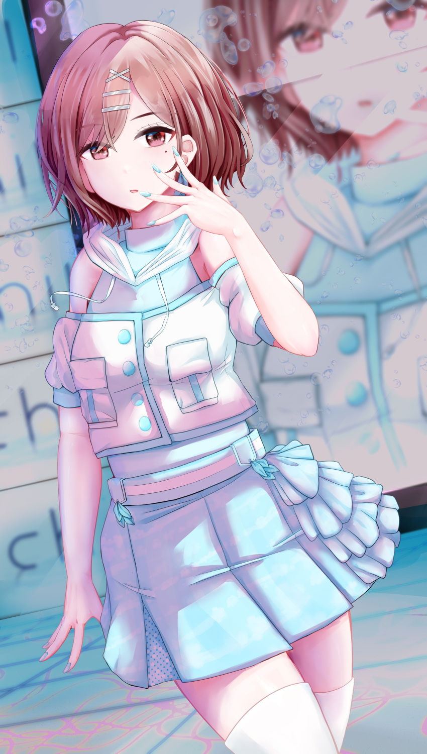 1girl, absurdres, aqua_leotard, aqua_nails, aqua_skirt, bob_cut, bobby_pin, eyebrows_visible_through_hair