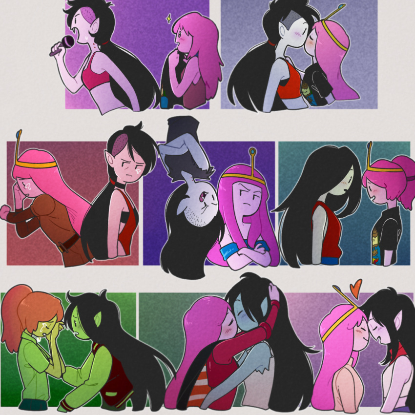 2girls, adventure_time, age_progression, black_hair, bra, cape, crop_top, crying, demon_girl, fangs, floating, forehead-to-forehead, grey_skin, heart, kiss, long_hair, marceline_abadeer, microphone, multiple_girls, omy-chan, pink_hair, pink_skin, pointy_ears, ponytail, princess_bonnibel_bubblegum, red_bra, scarf, sequential, tank_top, tears, tiara, underwear, vampire, very_long_hair, yuri