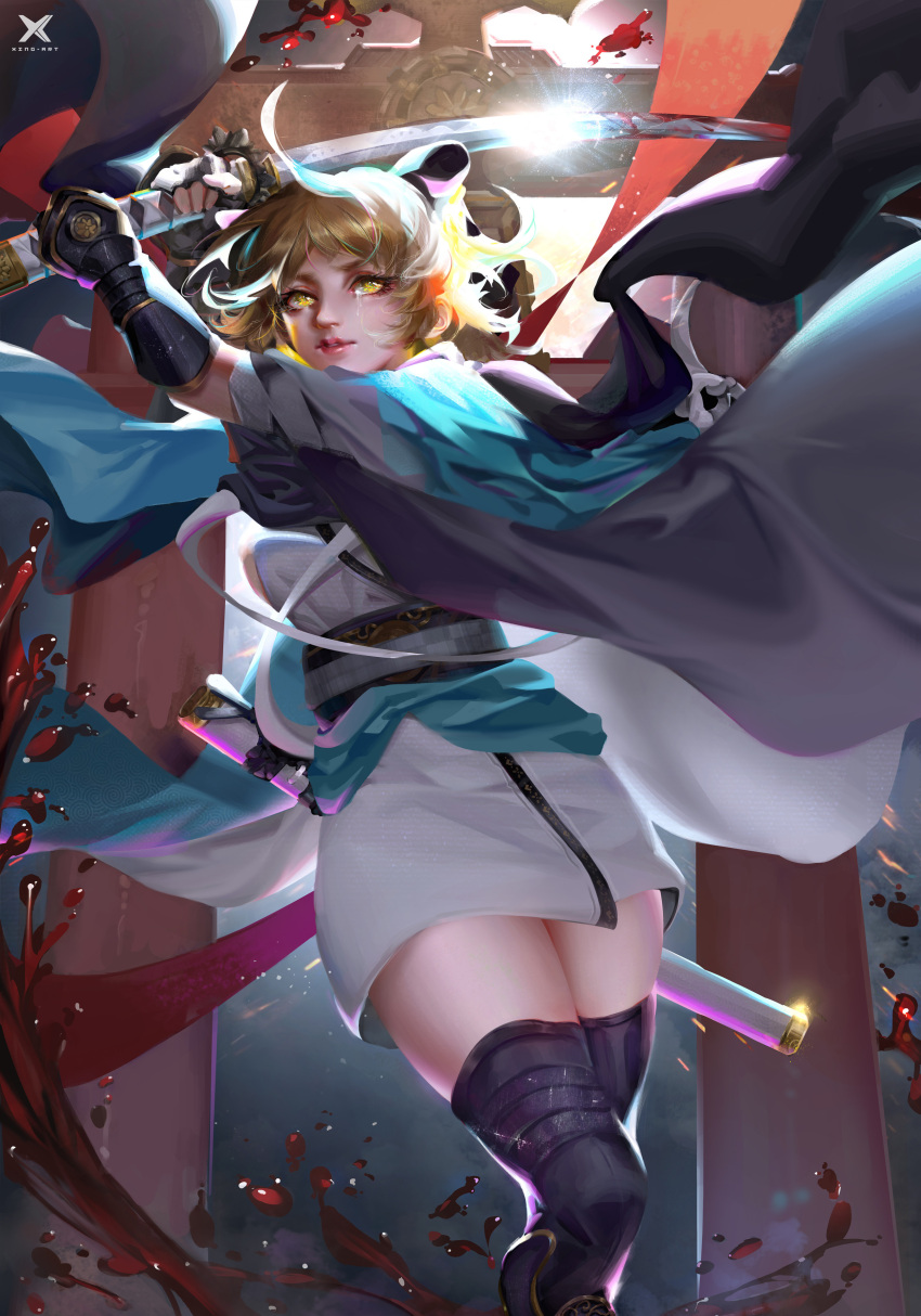 1girl, absurdres, blonde_hair, blood, cutting, fate/grand_order, fate_(series), fighting_stance