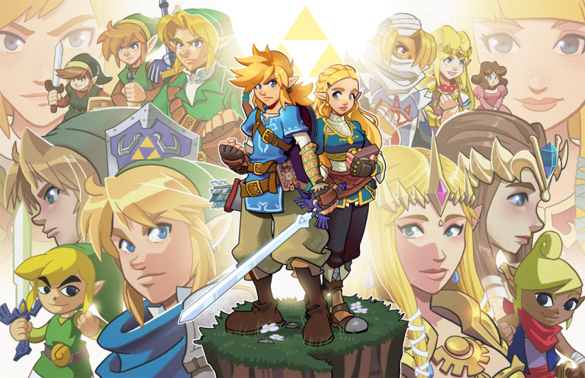 6+boys, 6+girls, arrow_(projectile), blonde_hair, blue_eyes, blue_scarf, boots, bow_(weapon)
