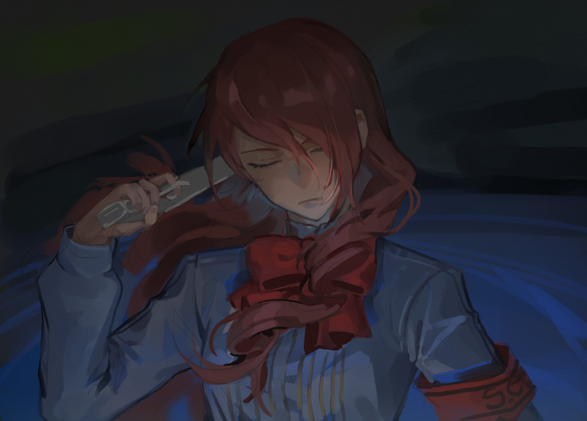 1girl, absurdres, arm_up, armband, black_background, blue_background, closed_eyes, commentary