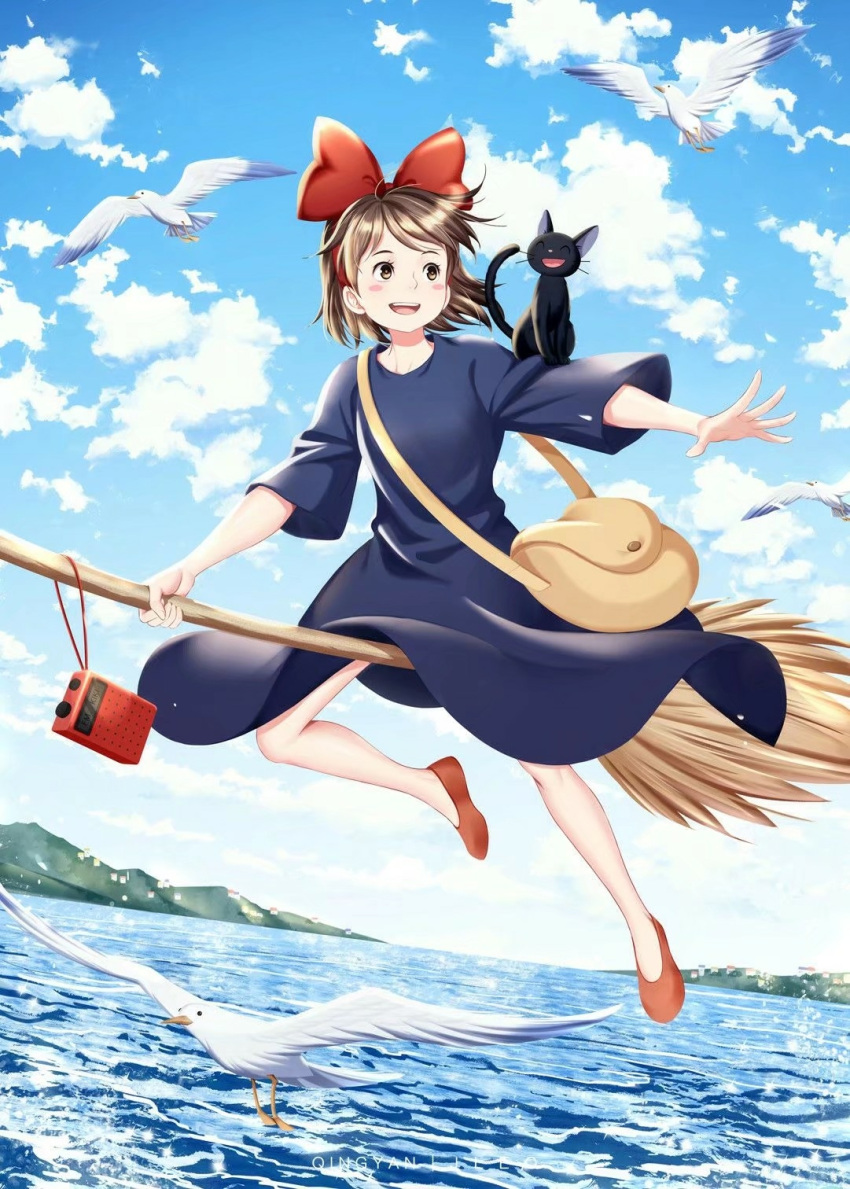 1girl, :d, animal_on_shoulder, artist_name, bag, bird, black_cat, blue_sky, blush, bow, broom, broom_riding, brown_hair, cat, cat_on_shoulder, day, dress, flying, full_body, hair_bow, hairband, highres, jiji_(majo_no_takkyuubin), kiki, kiyohiko_(qingyan), majo_no_takkyuubin, open_mouth, outdoors, radio, red_bow, red_footwear, red_hairband, seagull, short_hair, sky, smile, solo, witch