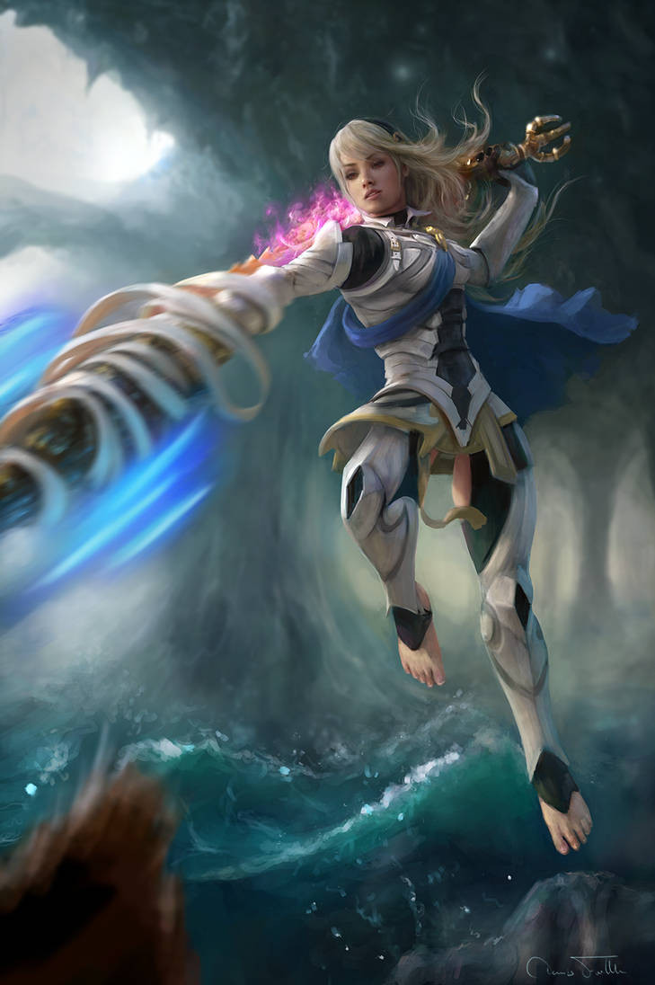 1girl, armor, attack, barefoot, blonde_hair, cape, cave, corrin_(fire_emblem)