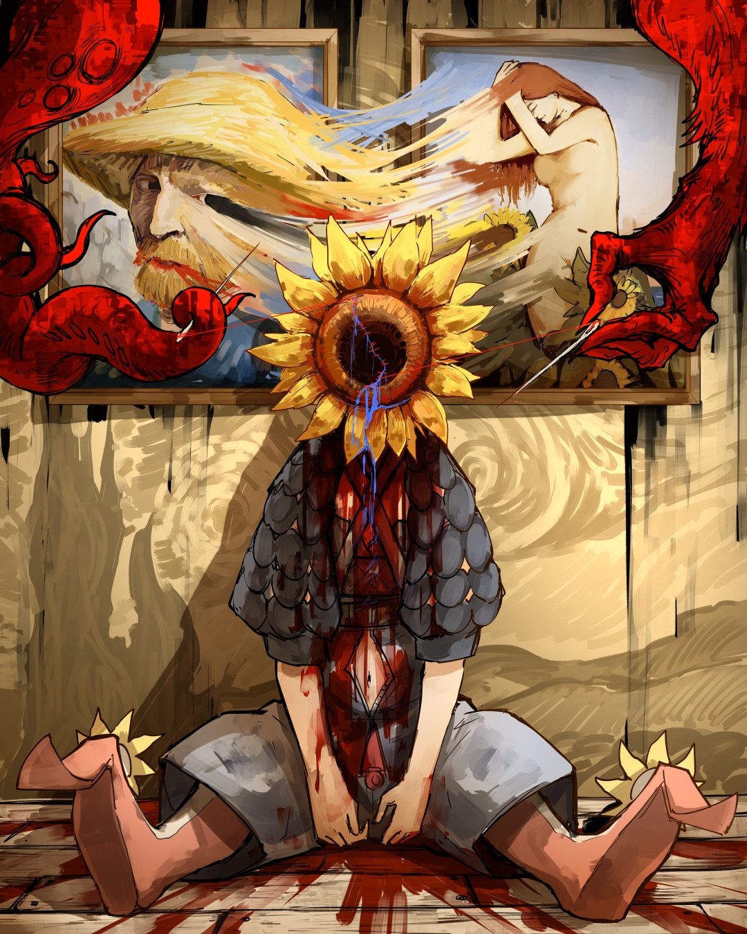 1girl, against_wall, blood, blood_from_mouth, blood_on_arm, bloody_clothes, blue_blood, blue_shirt