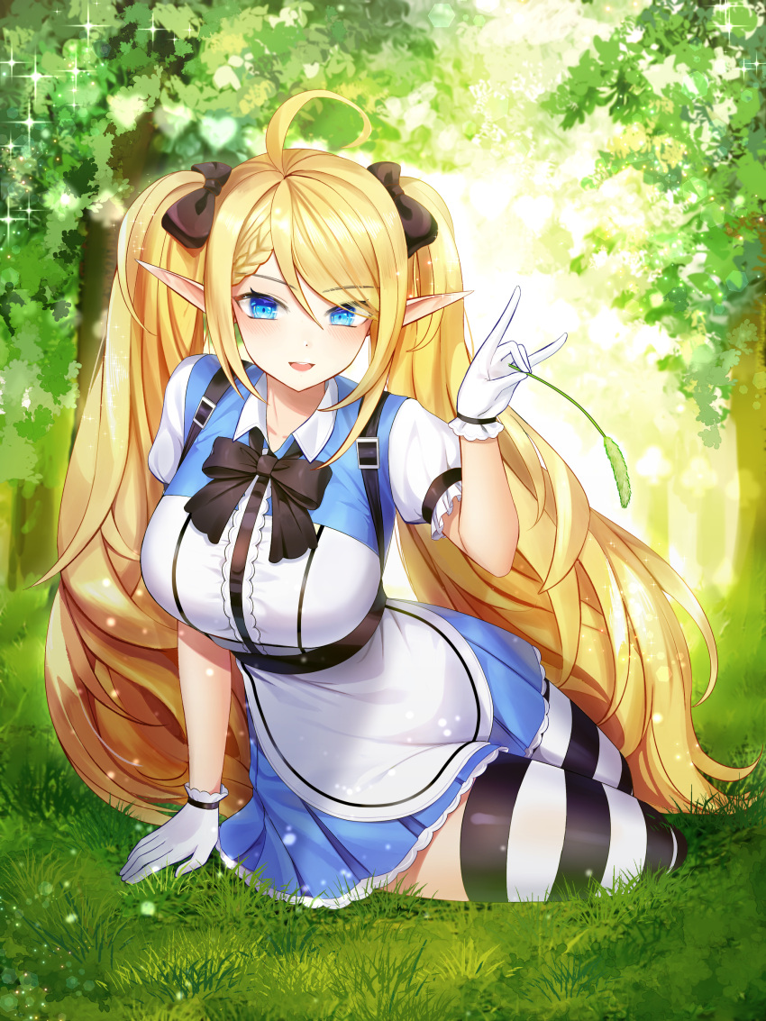 absurdres, bindong, black_legwear, blonde_hair, blue_dress, blue_eyes, bow, braid