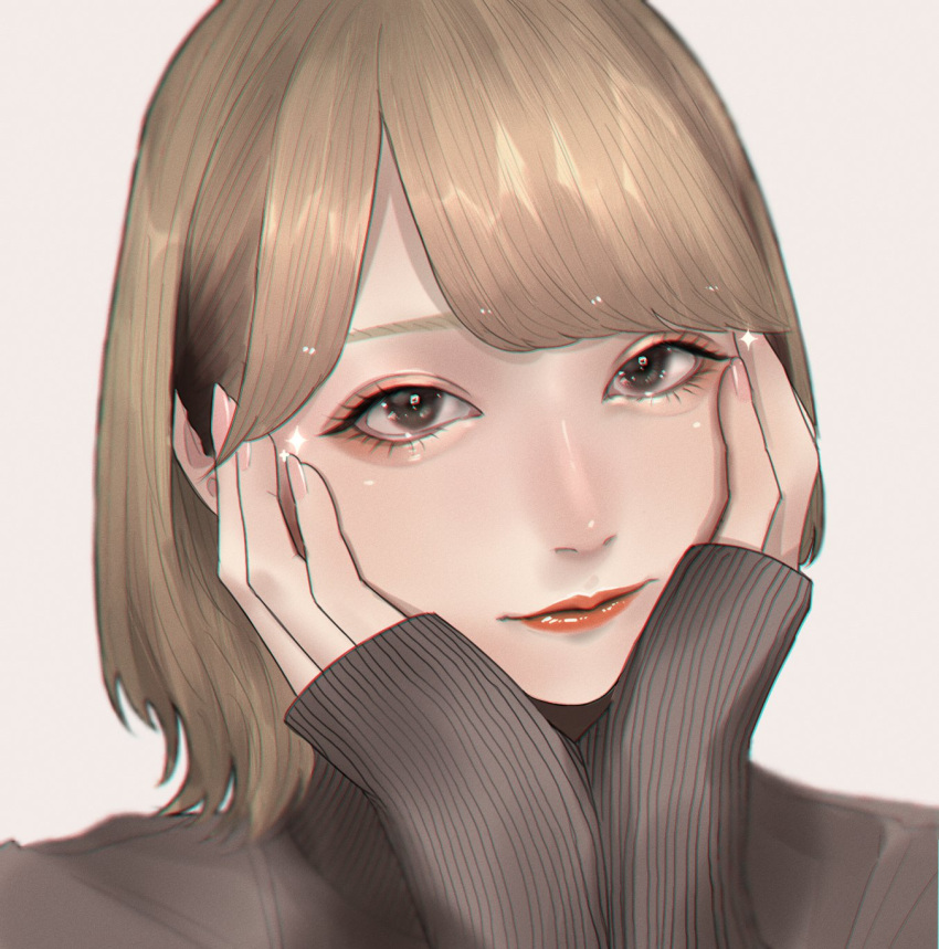 1girl, bangs, blonde_hair, brown_eyes, close-up, commentary, expressionless, eyebrows_behind_hair, grey_background, hair_behind_ear, hands_on_own_cheeks, hands_on_own_face, highres, kobashiri., looking_at_viewer, mano_aaa, photo-referenced, portrait, real_life, ribbed_sweater, solo, sweater