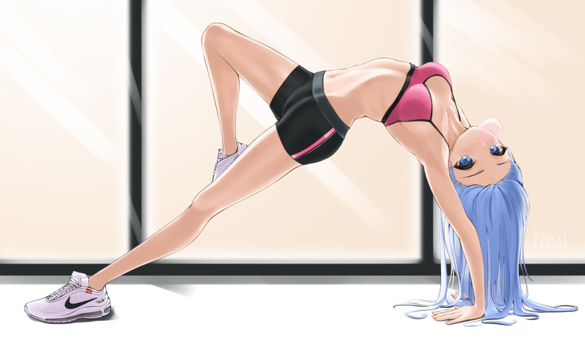 1girl, armpits, bare_arms, bike_shorts, black_shorts, blue_eyes, blue_hair, breasts