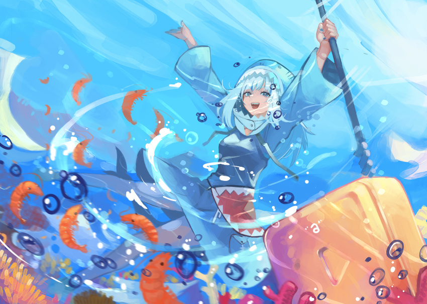 1girl, absurdres, adapted_costume, alternate_breast_size, animal_hood, bangs, blue_hair, blue_skirt, blunt_bangs, breasts, dokuro_deluxe, followers, gawr_gura, highres, holding, hololive, hololive_english, hood, leaning_back, looking_at_viewer, medium_breasts, multicolored_hair, open_hand, open_mouth, play_button_(object), shark_hood, sharp_teeth, shrimp, skirt, solo, streaked_hair, teeth, tsurime, virtual_youtuber