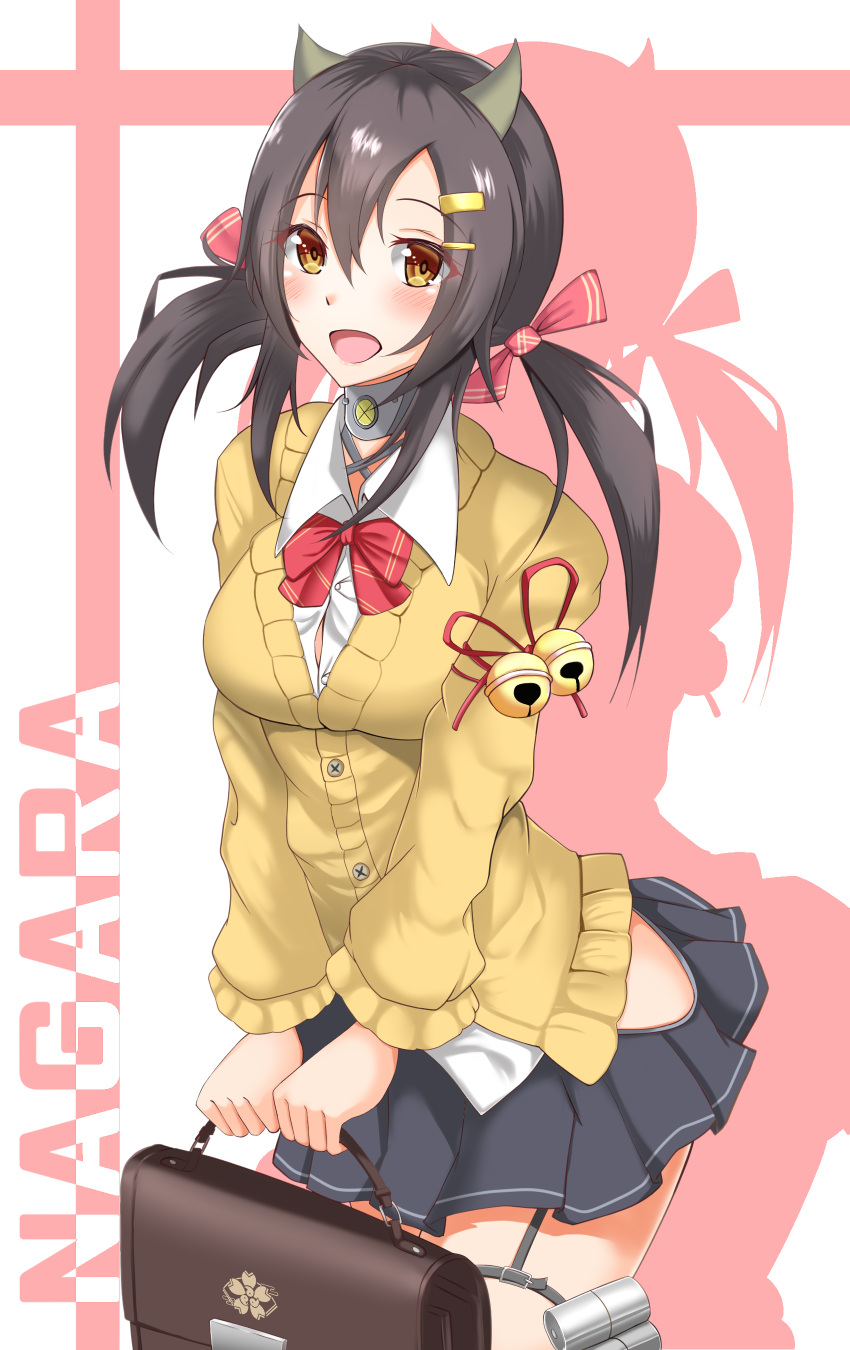 1girl, absurdres, azur_lane, bag, bell, black_hair, black_skirt, bow