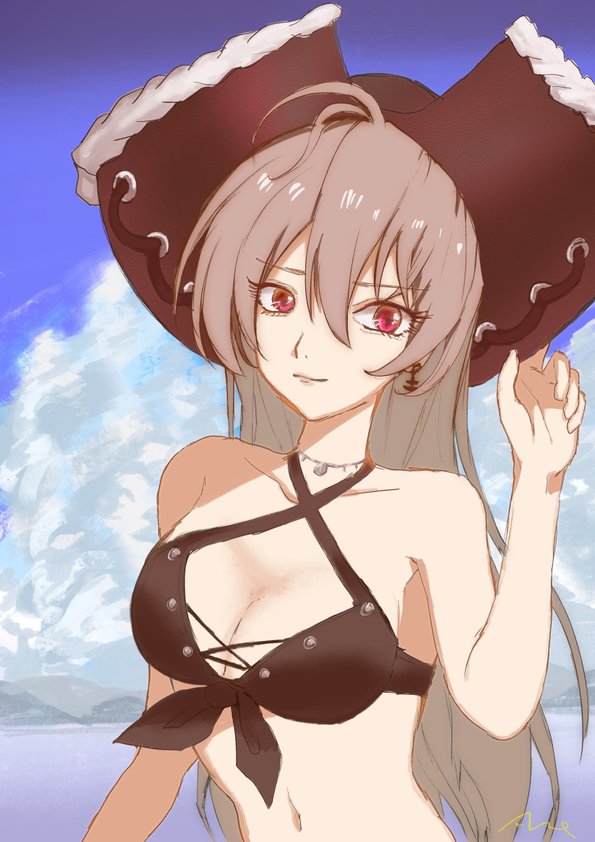 1girl, absurdres, anchor_earrings, artist_request, azur_lane, bikini, brown_bikini, clouds