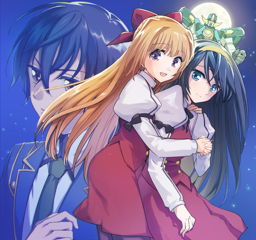 1boy, 2girls, blue_eyes, blue_hair, bow, brown_hair, full_moon, hair_bow