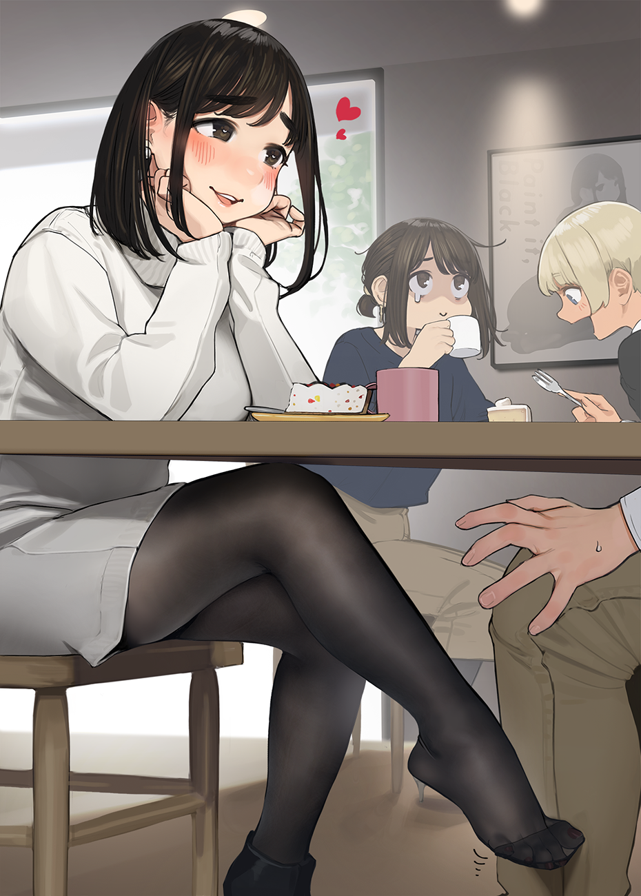 1boy, 3girls, bangs, blonde_hair, brown_eyes, brown_hair, chair, commentary_request