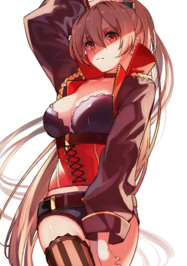 1girl, aiguillette, asymmetrical_legwear, azur_lane, belt, black_choker, breasts, brown_belt