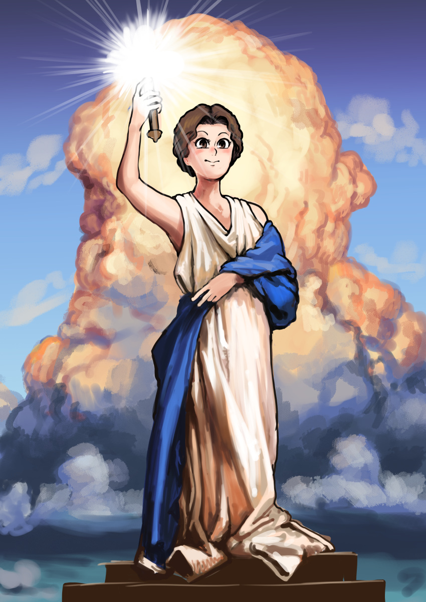 1girl, absurdres, blue_sky, blush, brown_eyes, brown_hair, chanta_(ayatakaoisii), closed_mouth, clouds, columbia_pictures, cumulonimbus_cloud, day, hand_up, highres, holding, holding_torch, huge_filesize, looking_at_viewer, outdoors, parody, podium, robe, shawl, short_hair, sky, smile, solo, standing, torch