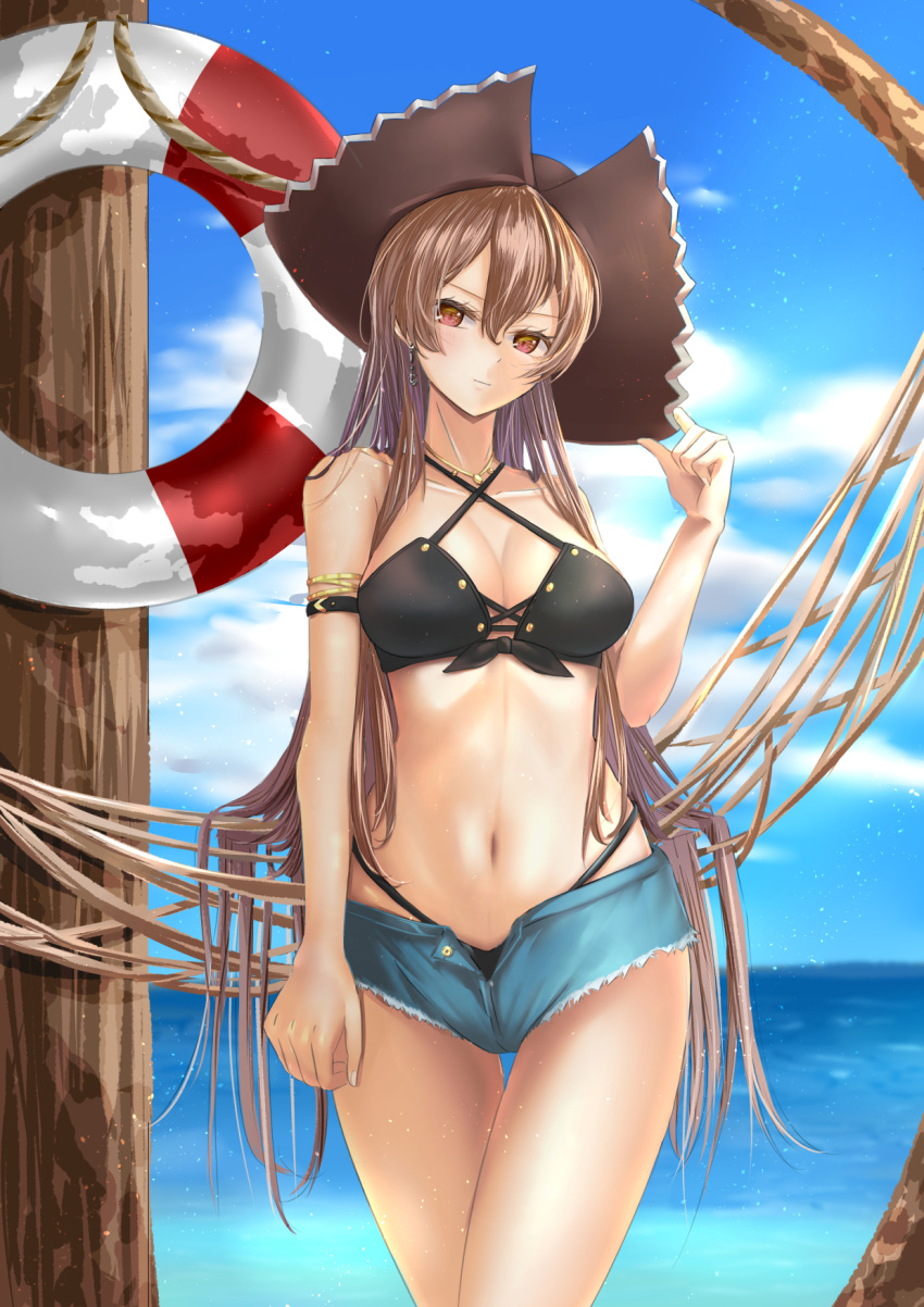 1girl, anchor_earrings, arm_strap, artist_request, azur_lane, bikini, blue_sky, breasts, brown_bikini, brown_hair, brown_headwear, criss-cross_halter, cutoff_jeans, cutoffs, earrings, hair_between_eyes, halterneck, hammock, hat, highleg, highleg_bikini, highres, jean_bart_(azur_lane), jean_bart_(secret_afternoon)_(azur_lane), jewelry, lifebuoy, long_hair, medium_breasts, micro_shorts, navel, partially_unzipped, pirate_hat, red_eyes, shorts, sky, solo, swimsuit, very_long_hair, water
