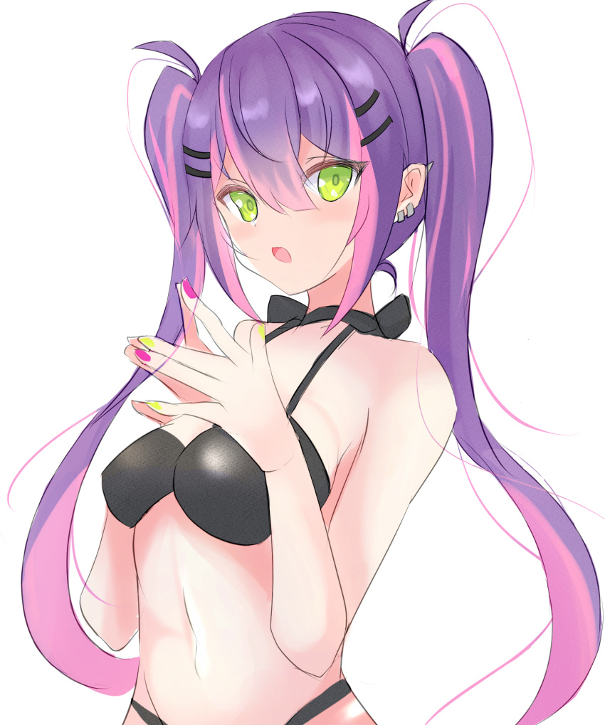 1girl, blush, breasts, english_commentary, fingernails, green_eyes, hair_between_eyes, hair_ornament