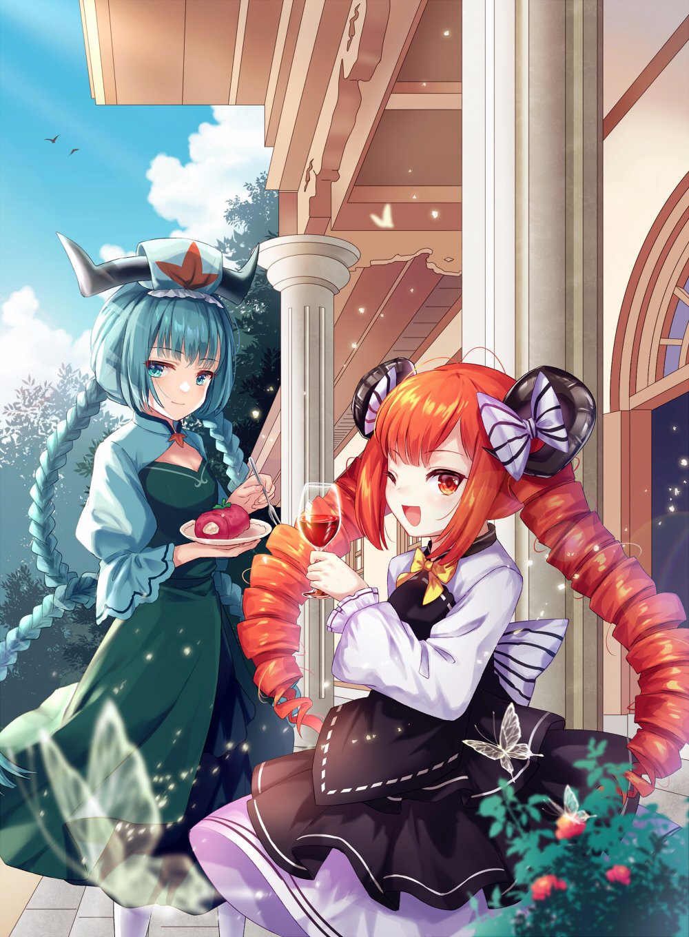 2girls, alternate_costume, aqua_eyes, aqua_hair, braid, dress, drill_hair, headgear