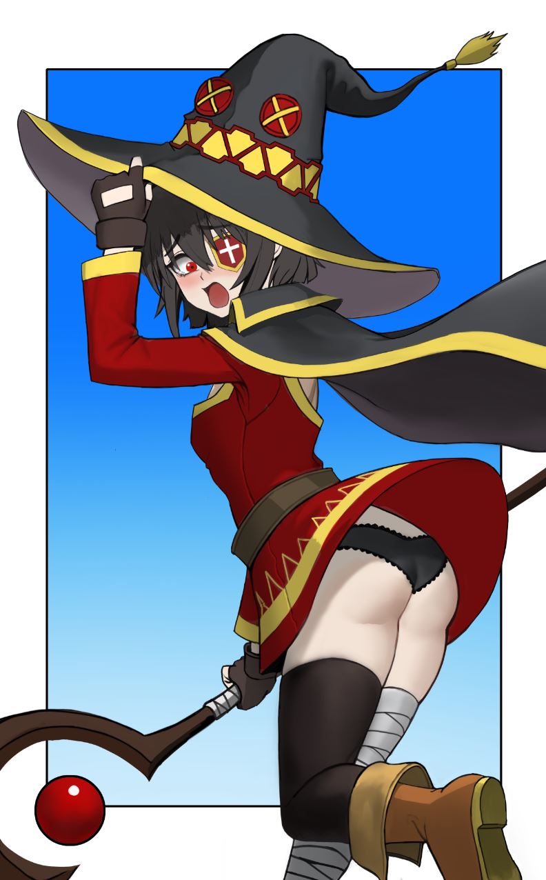1girl, ass, asymmetrical_legwear, bandaged_leg, bandages, black_hair, black_panties, blush