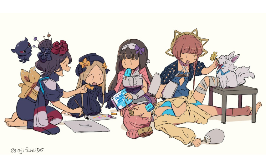 5girls, abigail_williams_(fate/grand_order), animal, asaya_minoru, bandaged_leg, bandages, bangs, barefoot