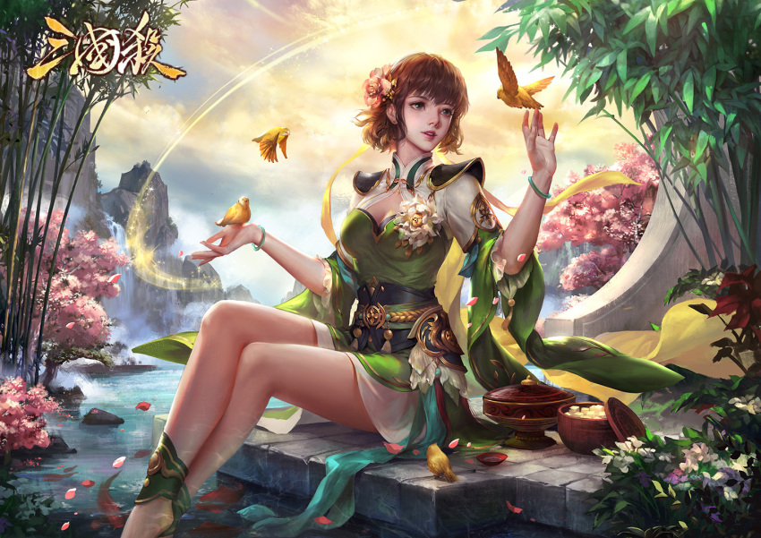 1girl, ankle_brace, anklet, bangle, barefoot, bird, bowl, bracelet, brown_hair, china_dress, chinese_clothes, crossed_legs, dress, flower, green_dress, hair_flower, hair_ornament, jewelry, kdash, mountain, nature, sash, scenery, short_dress, short_hair, soaking_feet, tree, water, waterfall, wide_sleeves