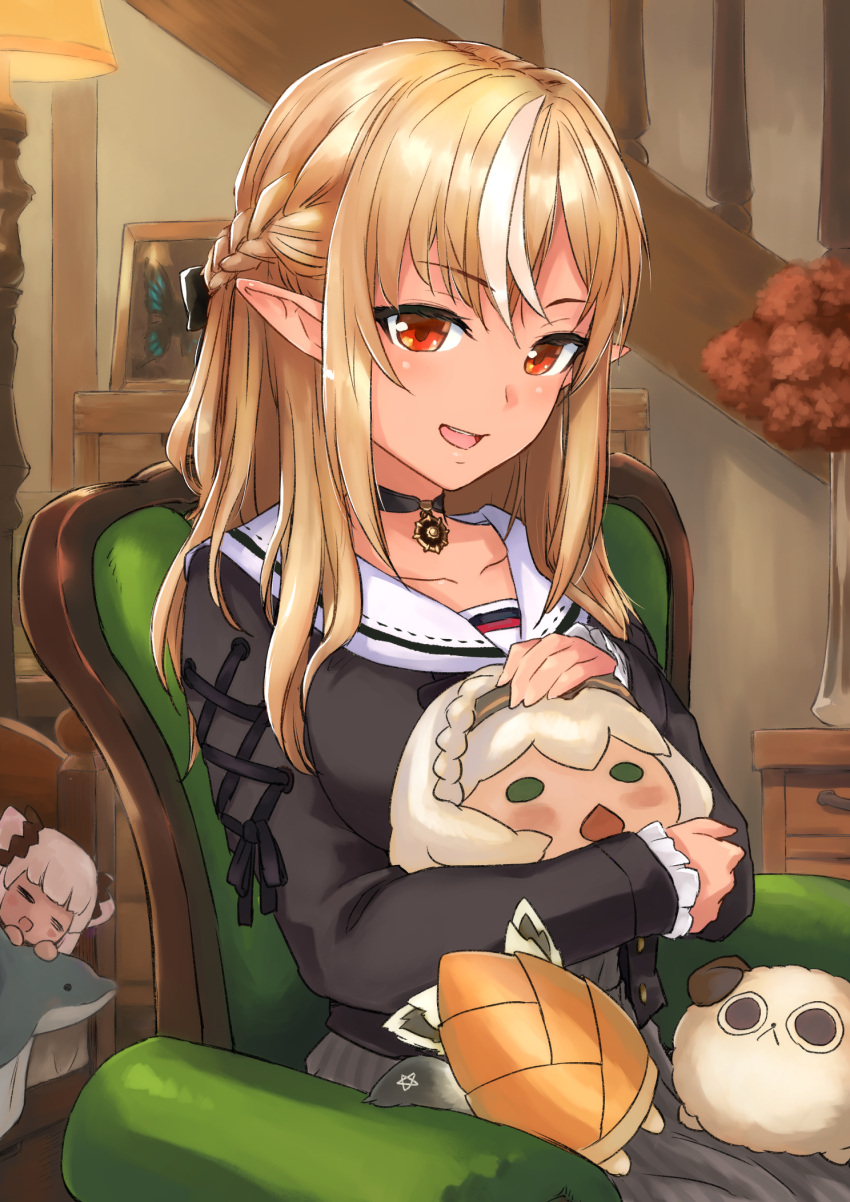 1girl, alternate_costume, alternate_hairstyle, blonde_hair, braid, character_doll, choker, collarbone