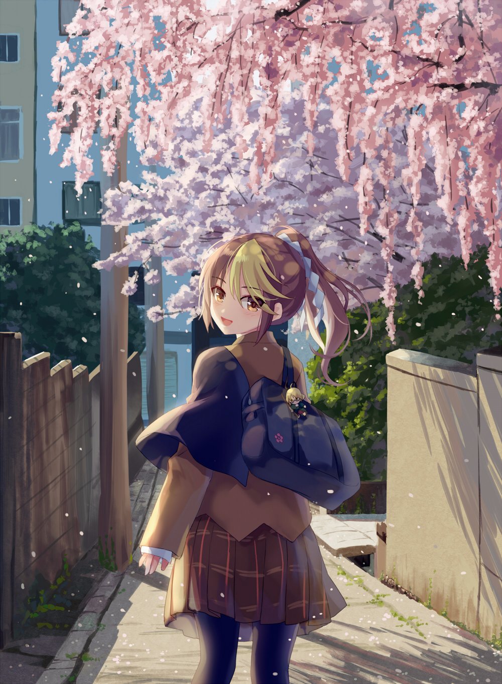 1girl, bag, bag_charm, blazer, brown_eyes, brown_hair, charm_(object), cherry_blossoms