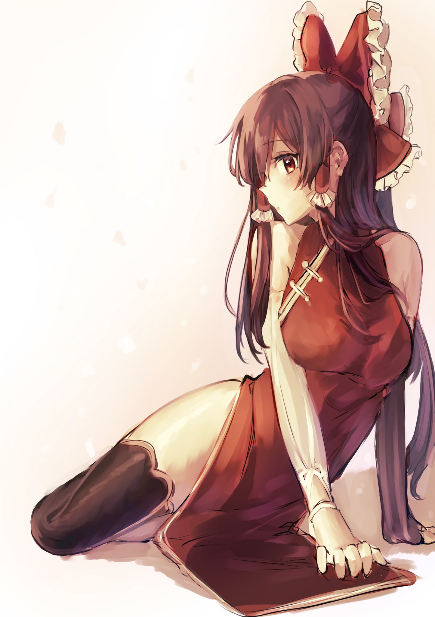 1girl, adapted_costume, alternate_costume, arm_support, asanagi_ron, bare_shoulders, black_legwear, bow