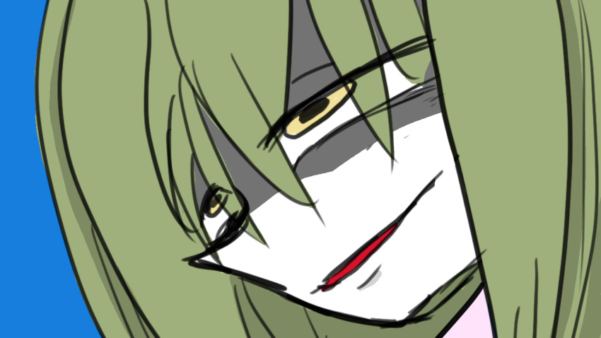 1girl, blonde_hair, clear_sky, day, evil_grin, evil_smile, eyes_in_shadow, face_only, gesugao, grin, long_hair, looking_at_another, sentaku-bune, smile, smirk, touhou, watatsuki_no_toyohime, yellow_eyes
