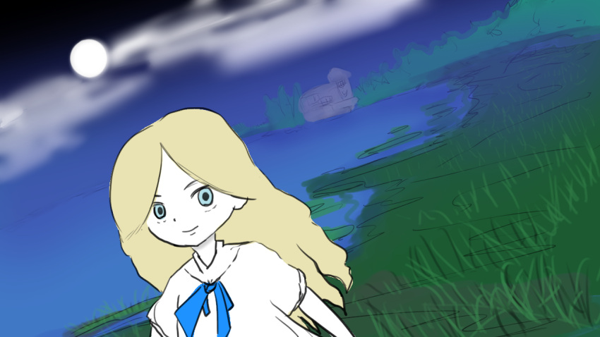 1girl, blonde_hair, blue_neckwear, clear_sky, clouds, dress, grass, lake, lily_pad, marnie_(omoide_no_marnie), omoide_no_marnie, outdoors, sentaku-bune, studio_ghibli, water, white_dress, white_skin