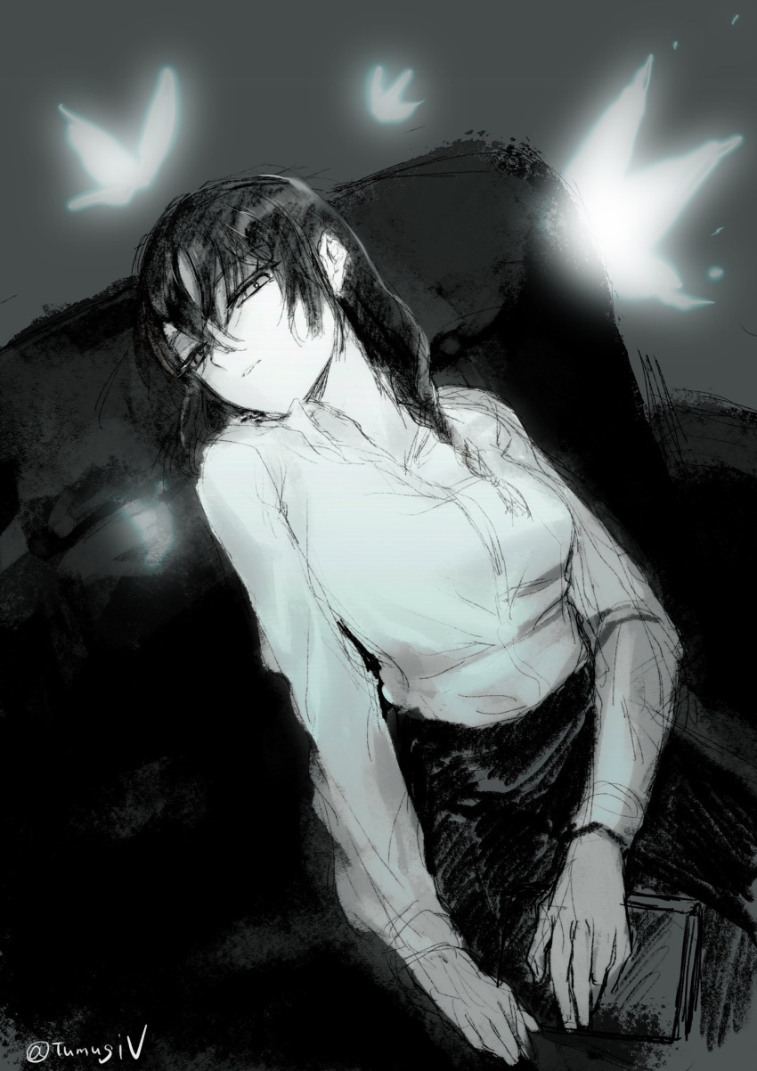 1girl, alter_ego_(game), black_hair, book, braid, bug, butterfly, couch