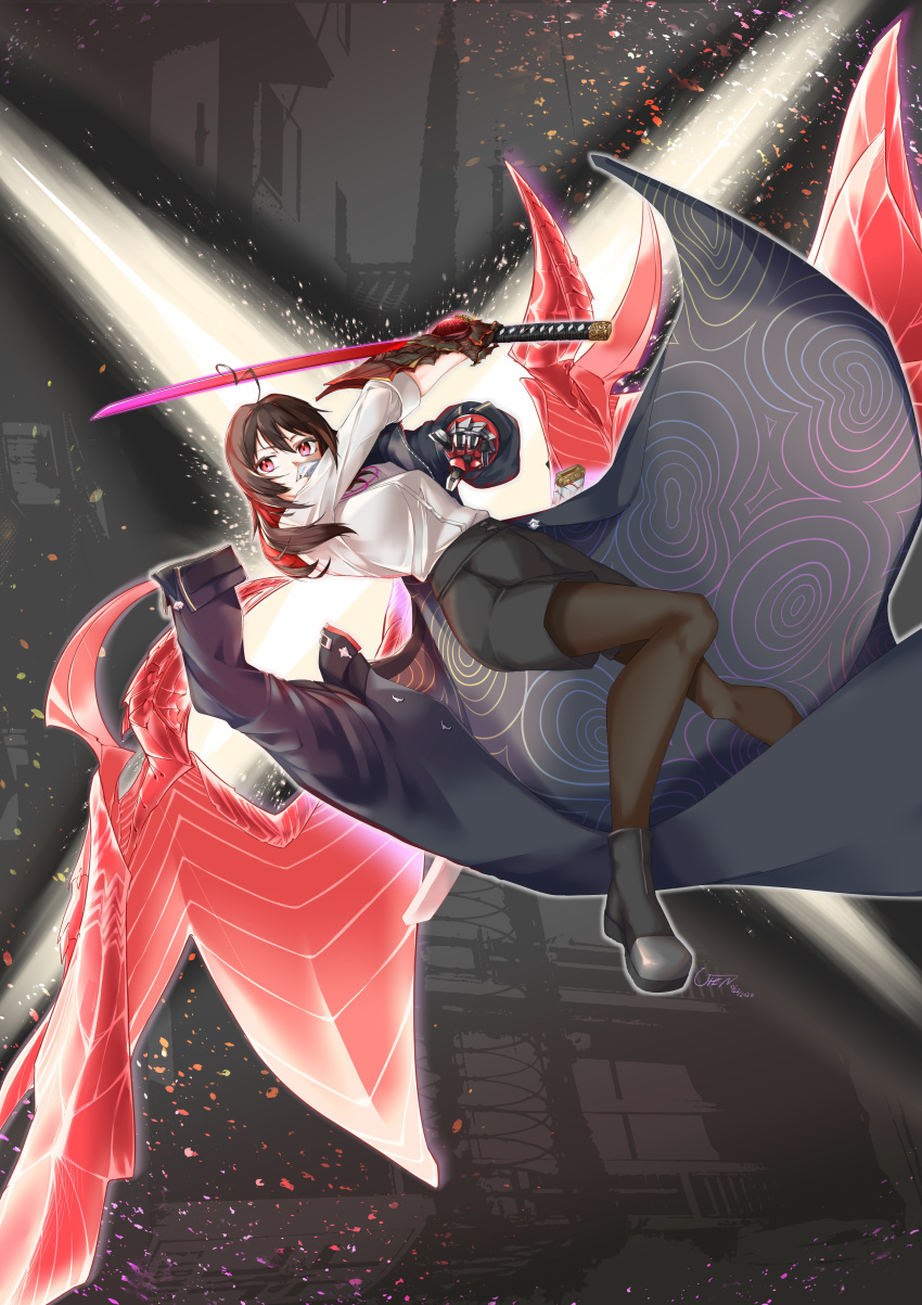 1girl, absurdres, ahoge, black_coat, black_shorts, boots, breasts, brown_hair, brown_legwear, card_in_mouth, cinders, coat, demon_wings, devil_bringer, devil_may_cry, devil_trigger, dress_shirt, enma-chan, falling, full_body, gauntlets, glowing, highres, holding, holding_sword, holding_weapon, hololive, hololive_english, id_card, katana, looking_to_the_side, medium_breasts, mouth_hold, multicolored_hair, oni_gauntlet, onimusha, pantyhose, photo_background, red_eyes, red_sword, redhead, reference_request, removing_coat, shining, shirt, shorts, sleeves_folded_up, solo, starry_background, sword, two-tone_hair, uhen, virtual_youtuber, weapon, white_shirt, wings