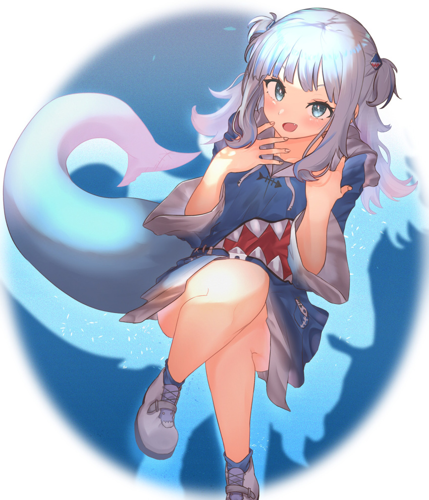 1girl, fang, fingernails, fish_tail, full_body, gawr_gura, green_eyes, grey_hair