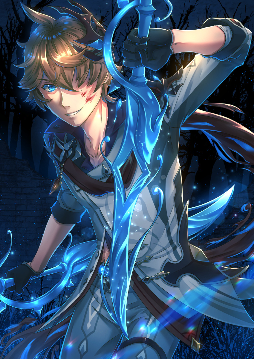 1boy, absurdres, bangs, bare_tree, black_gloves, blood, blood_on_face, blue_eyes