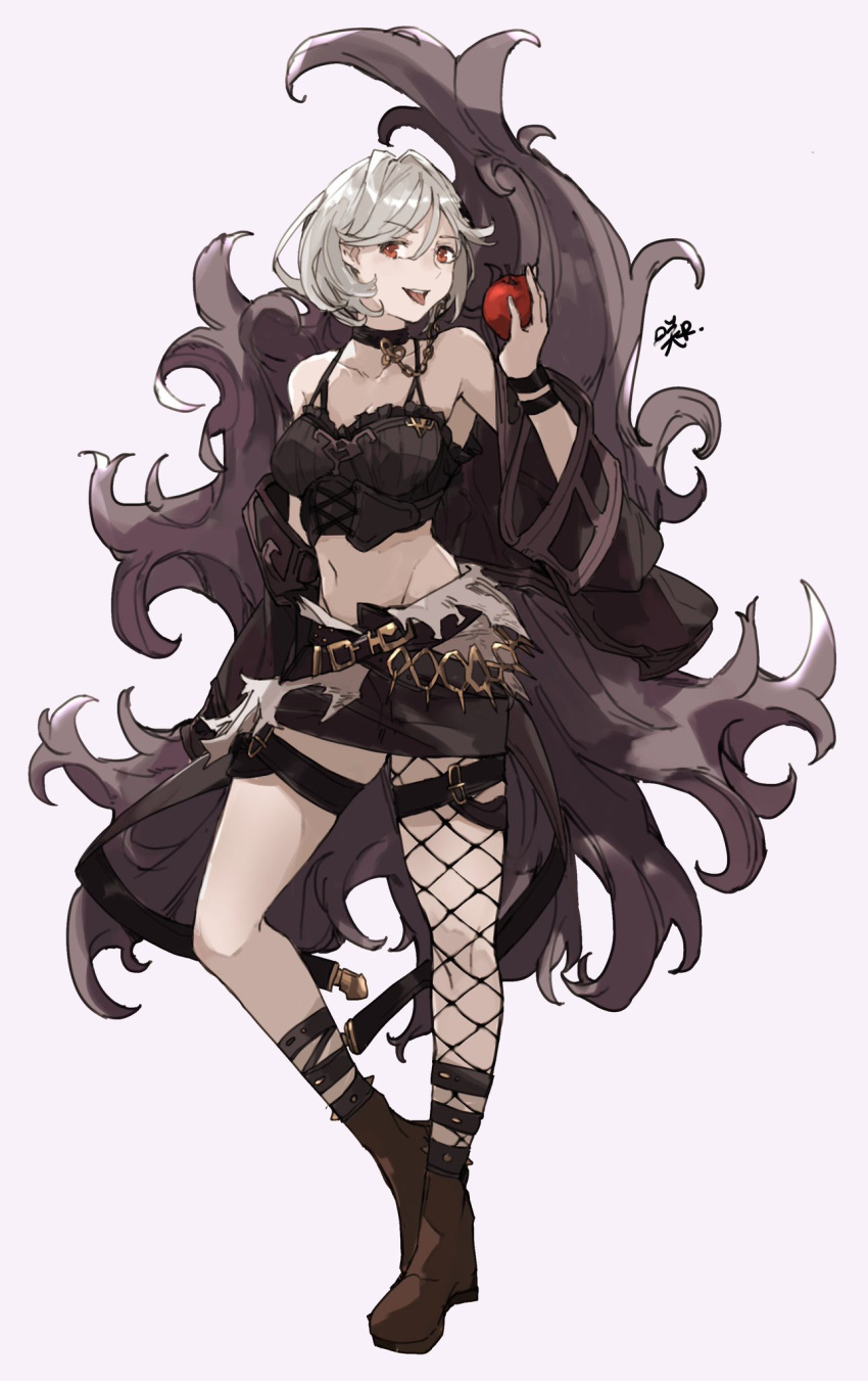 1girl, alter_ego_malevolent_(granblue_fantasy), apple, belt, black_coat, bob_cut, boots, cape