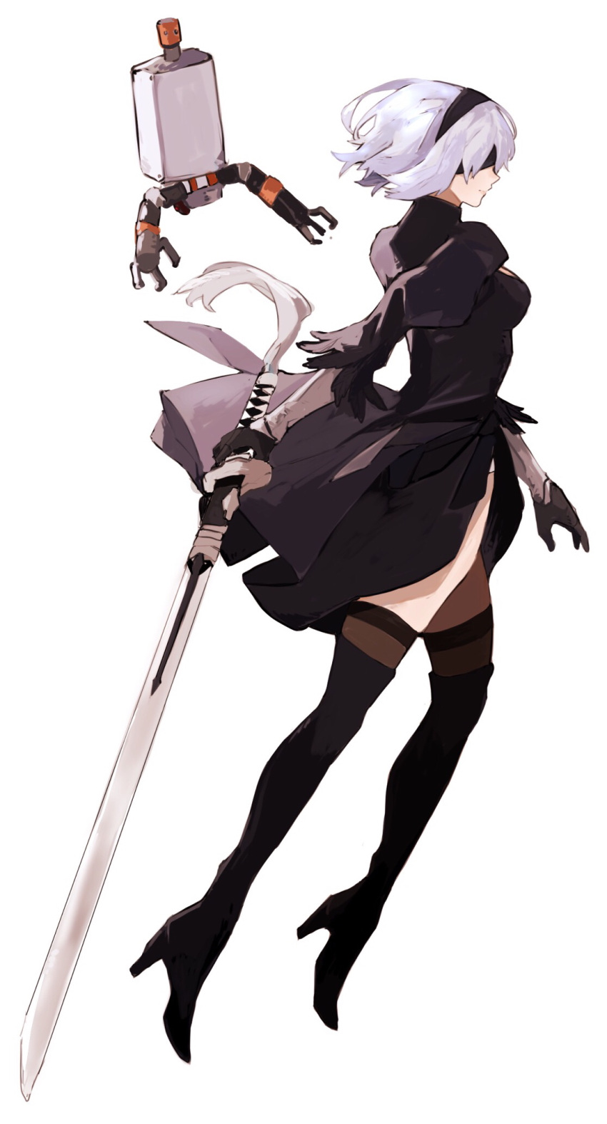 1girl, black_dress, black_footwear, black_gloves, boots, breasts, brown_legwear, cleavage_cutout, clothing_cutout, covered_eyes, dress, from_side, full_body, gloves, hairband, high_heels, highres, holding, holding_sword, holding_weapon, jumping, katana, legs, mechanical_arms, medium_breasts, medium_hair, nier_(series), nier_automata, panties, pod_(nier_automata), sakuremi, side_slit, simple_background, solo, sword, thigh-highs, thigh_boots, thighs, underwear, weapon, white_background, white_hair, white_panties, white_sleeves, white_tassel, yorha_no._2_type_b