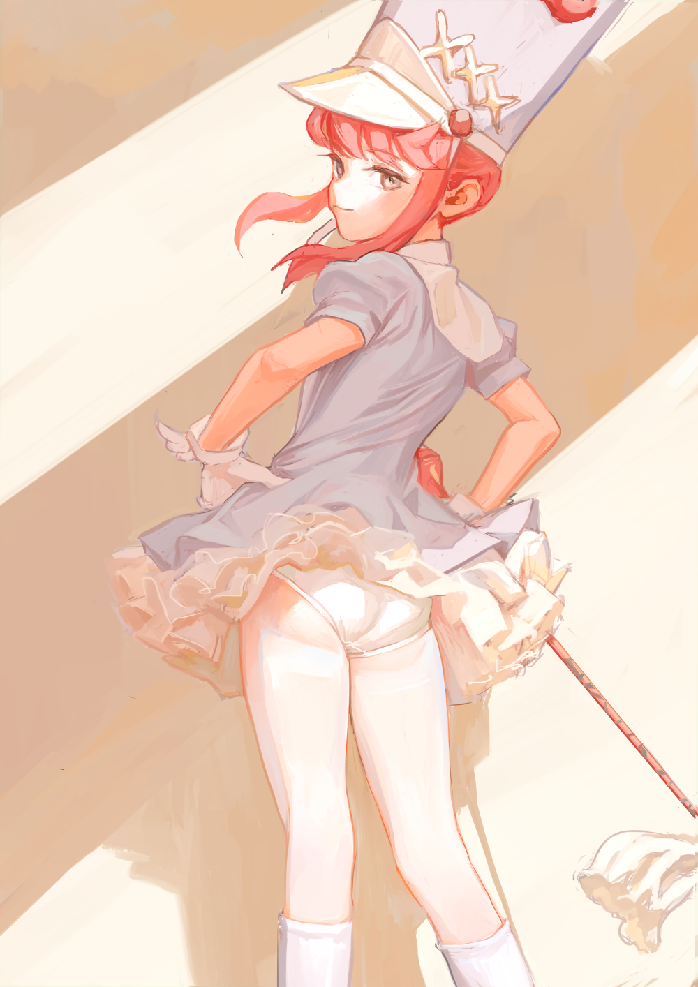 1girl, ankle_socks, bangs, commentary, dress, fkey, gloves, hands_on_hips
