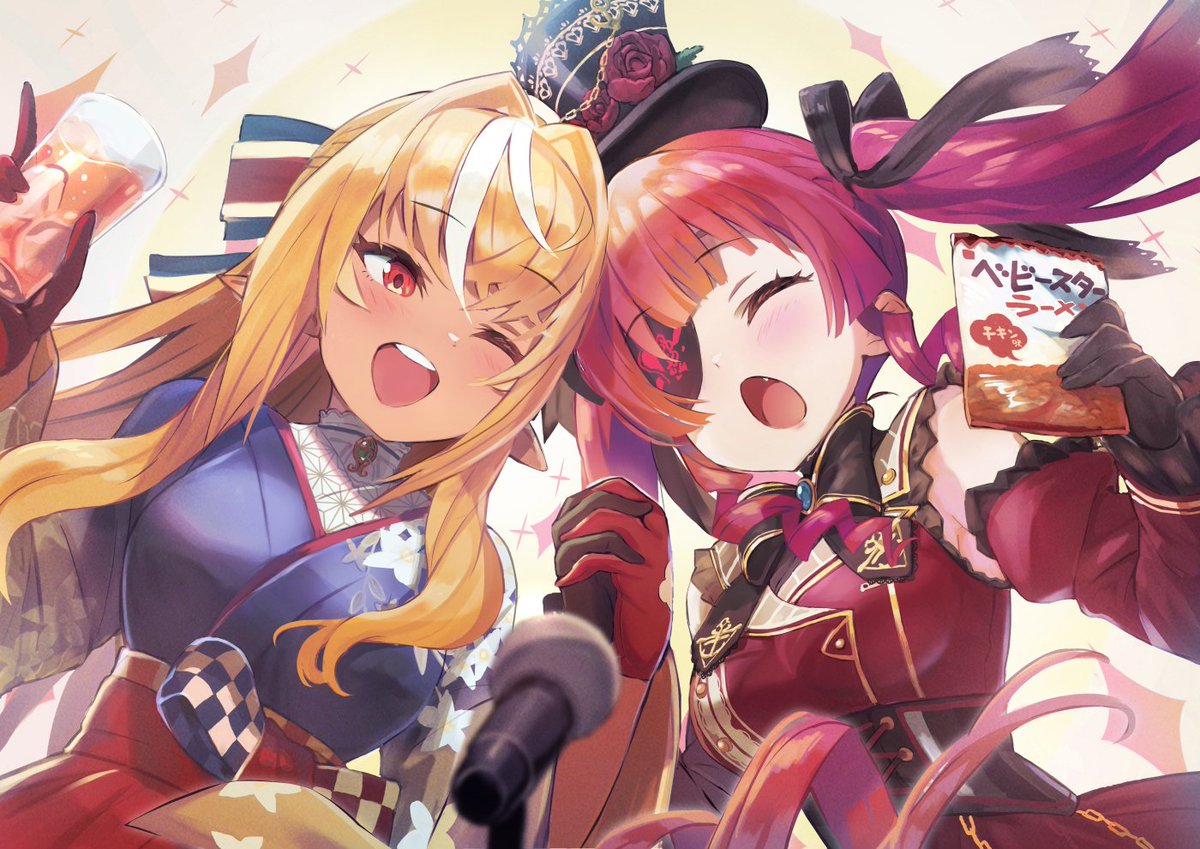 2girls, alcohol, black_gloves, blonde_hair, blurry, blush, bow, bowtie