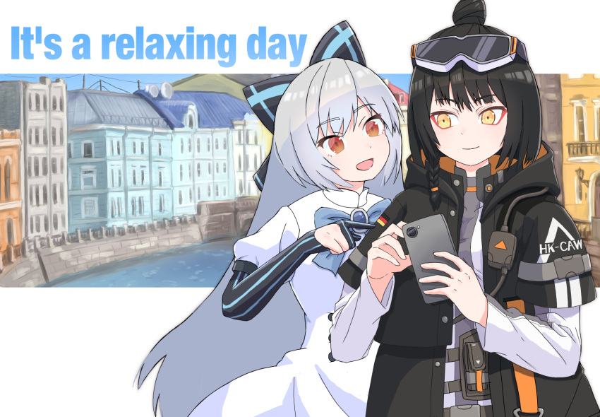 2girls, black_hair, canal, caws_(girls_frontline), cellphone, creator_connection, english_text, girls_frontline