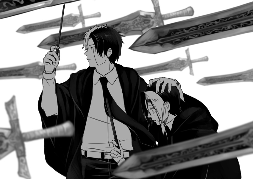 2boys, absurdres, black_robe, brothers, finn_ames, highres, holding, holding_wand