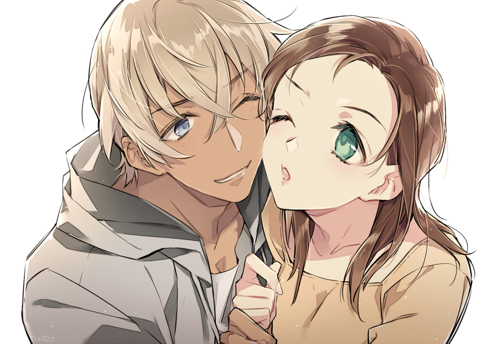 1boy, 1girl, amuro_tooru, blonde_hair, blue_eyes, brown_hair, cheek-to-cheek, couple