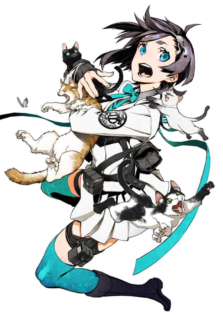 1girl, 7th_dragon_(series), 7th_dragon_iii, animal, black_cat, black_footwear, black_hair, blue_eyes, blue_legwear, boots, bug, butterfly, cat, closed_eyes, emblem, green_eyes, hairband, harness, heterochromia, highres, holding, holding_animal, holding_cat, holster, insect, long_sleeves, looking_at_viewer, miwa_shirou, official_art, open_mouth, pleated_skirt, ribbon, samurai_(7th_dragon_series), short_hair, siamese_cat, simple_background, skirt, solo, thigh-highs, thigh_holster, white_background, white_skirt, yaiba_(7th_dragon_iii)