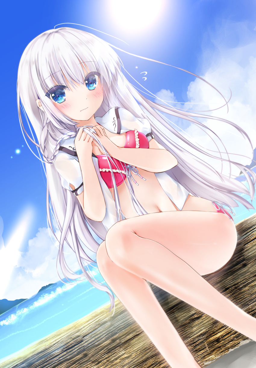 1girl, absurdres, asahina_yori, bangs, bikini, bikini_under_clothes, blouse, blue_eyes