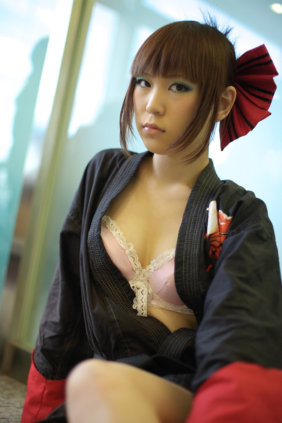 aihara_makoto, bra, cosplay, gloves, hair_bow, kabi, open_gi, rumble_roses