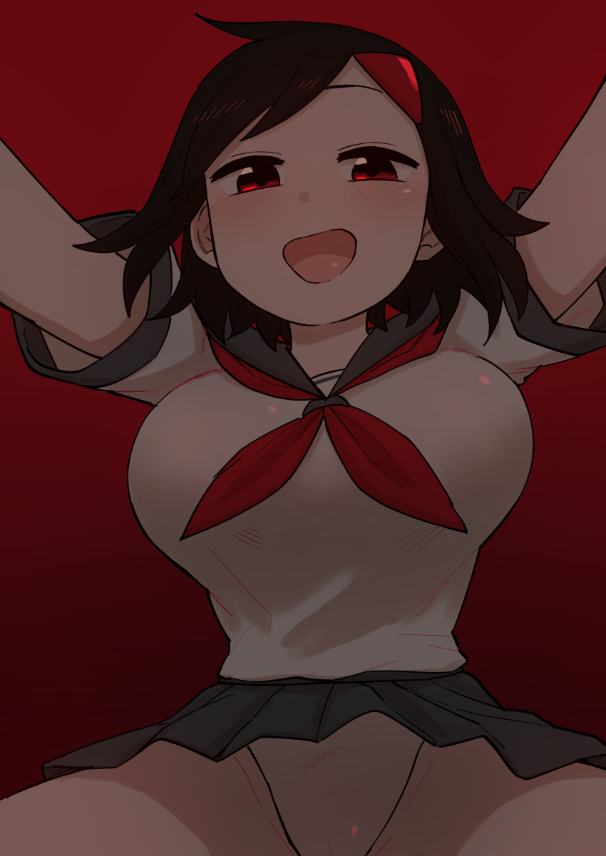 1girl, absurdres, black_hair, blouse, blue_sailor_collar, blue_skirt, breasts, dress